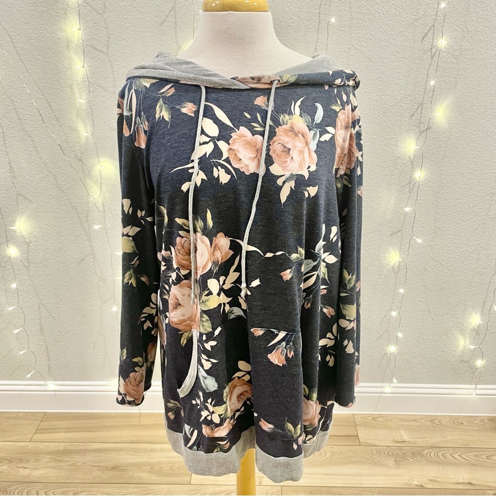 3/4 Quarter Length Sleeve Navy Floral Hoodie